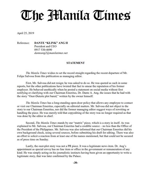 ipe salvosa resigns manila times statement